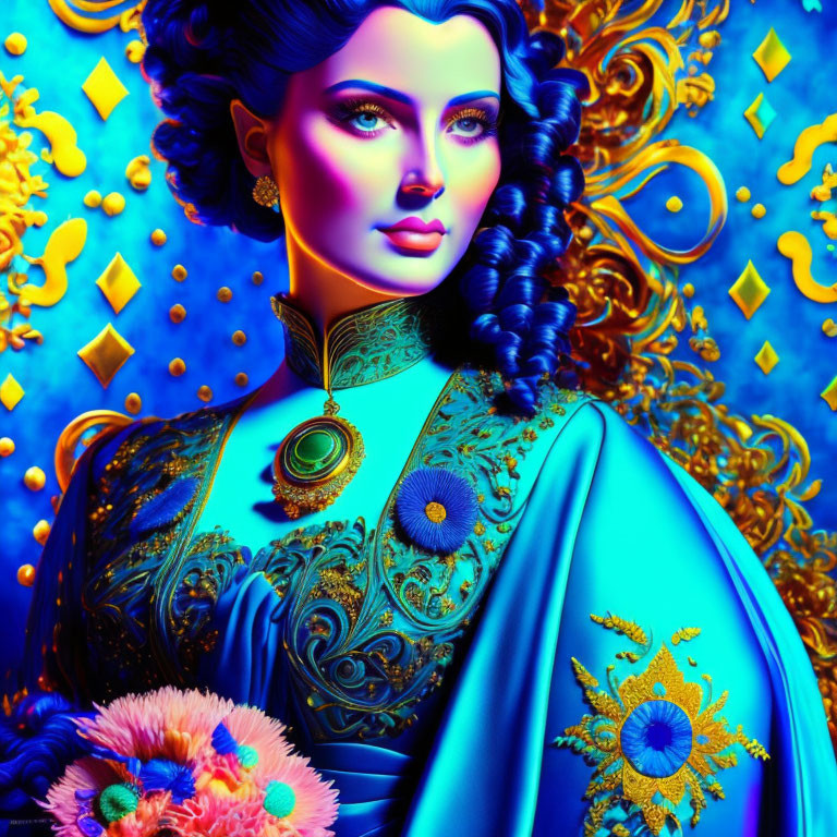 Blue-skinned woman in ornate dress and jewelry on decorative background