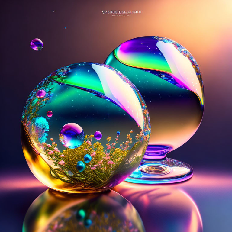 Colorful digital artwork of shiny spheres with ecosystems inside