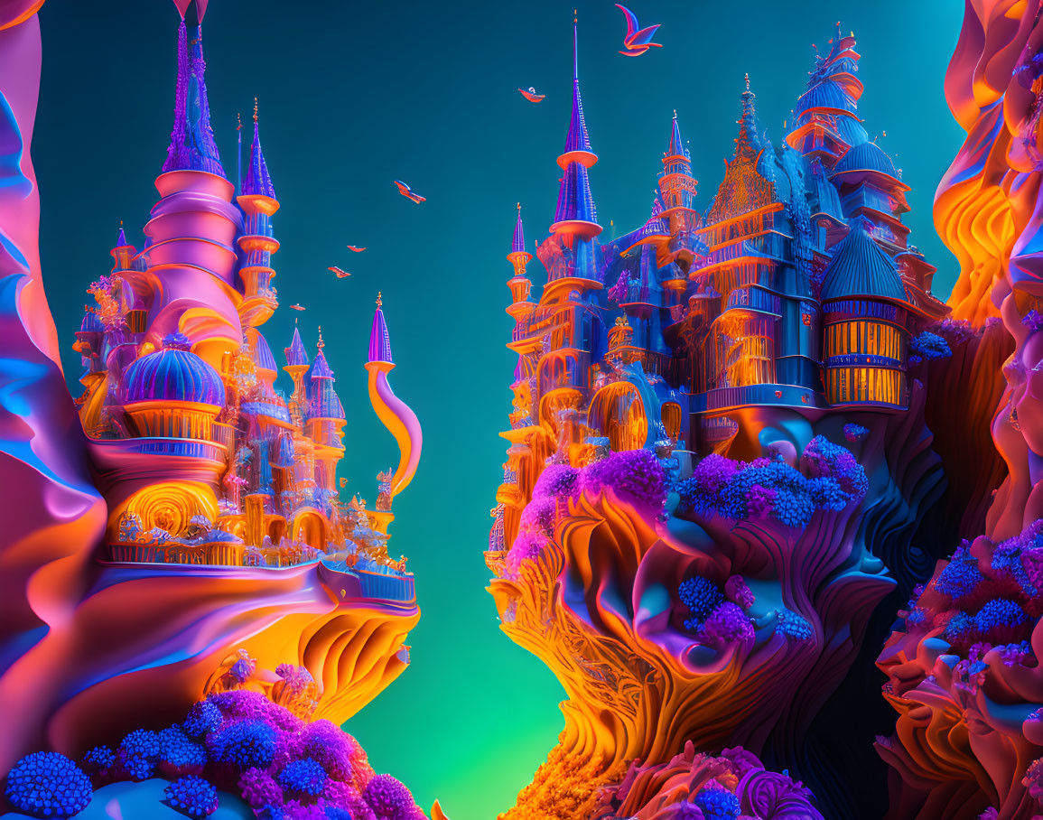 Fantasy landscape with whimsical castles on coral-like structures amid flying fish