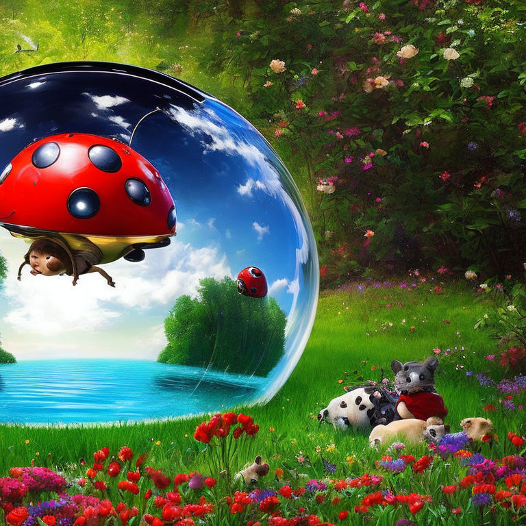 Colorful fantasy scene with puppies, child on ladybug, koala, lush greenery, flowers