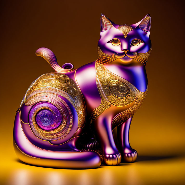 Intricate Metallic Cat Sculpture with Spiral Motif on Golden Background