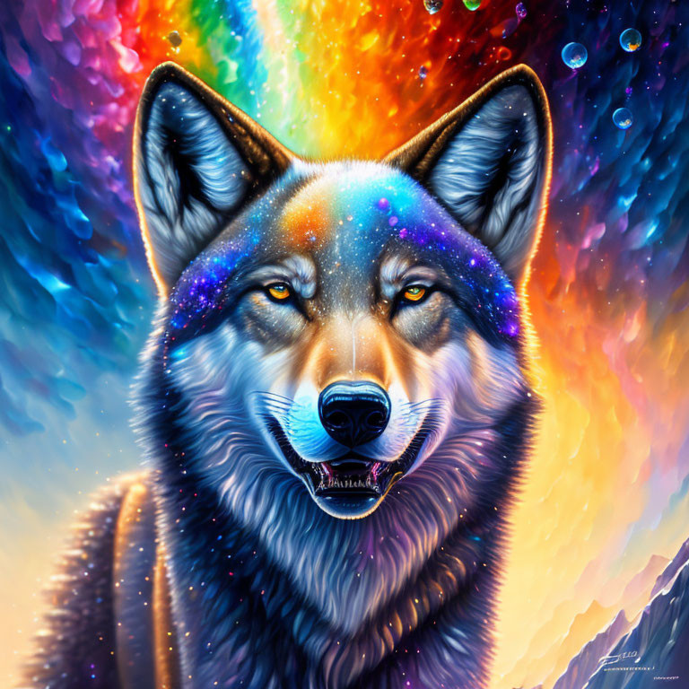 Colorful cosmic wolf art with mystical theme