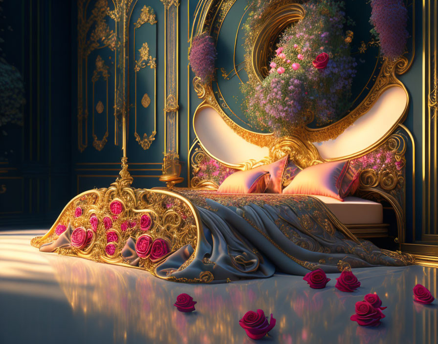 Luxurious Bed with Gold Detailing and Pink Roses in Opulent Room