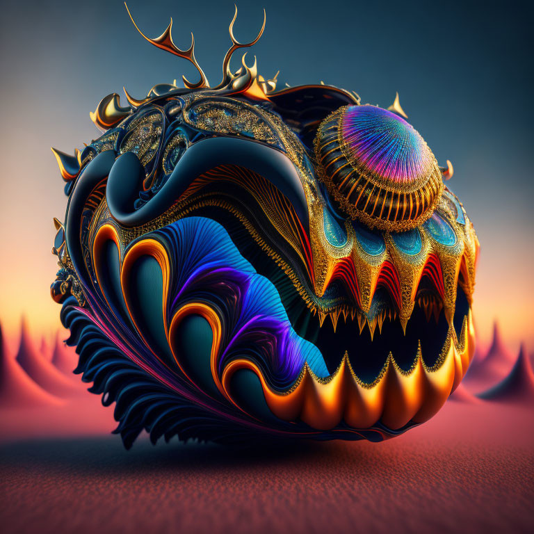 Colorful 3D fractal art with intricate patterns on desert backdrop