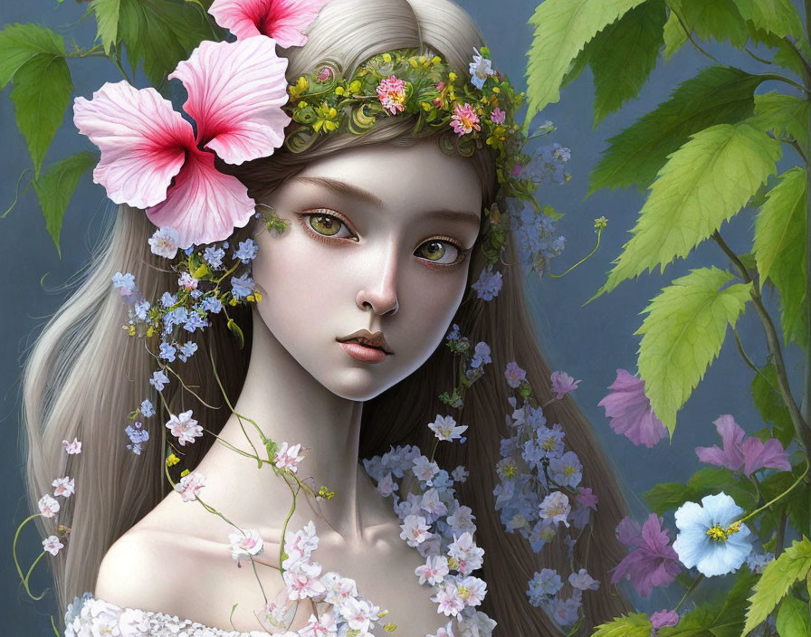 Digital painting of woman with pale skin in floral headpiece among lush green leaves and pink blossoms