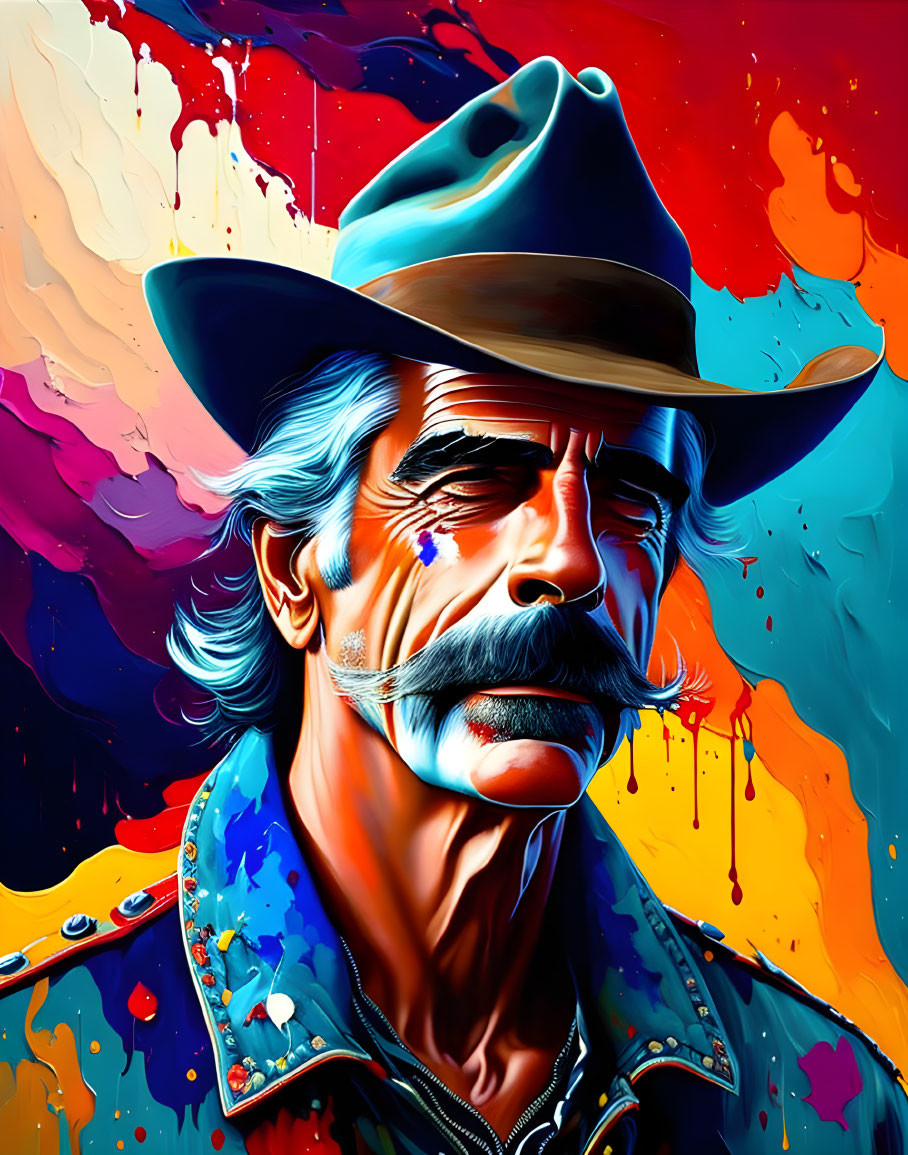 Colorful Stylized Cowboy Artwork with Mustache and Hat