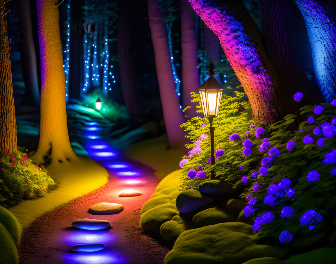 Enchanting Night Pathway with Blue and Purple Lights