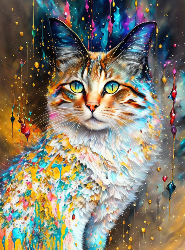 Colorful Cat Painting with Intense Eyes and Bright Hues