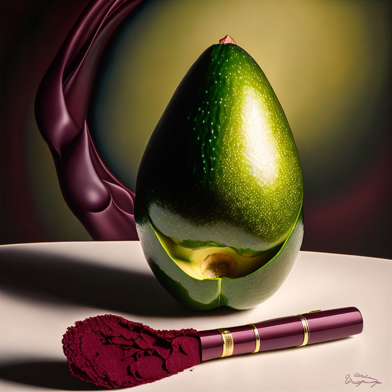 Hyperrealistic Avocado with Lipstick Smudge on Soft-Lit Surface