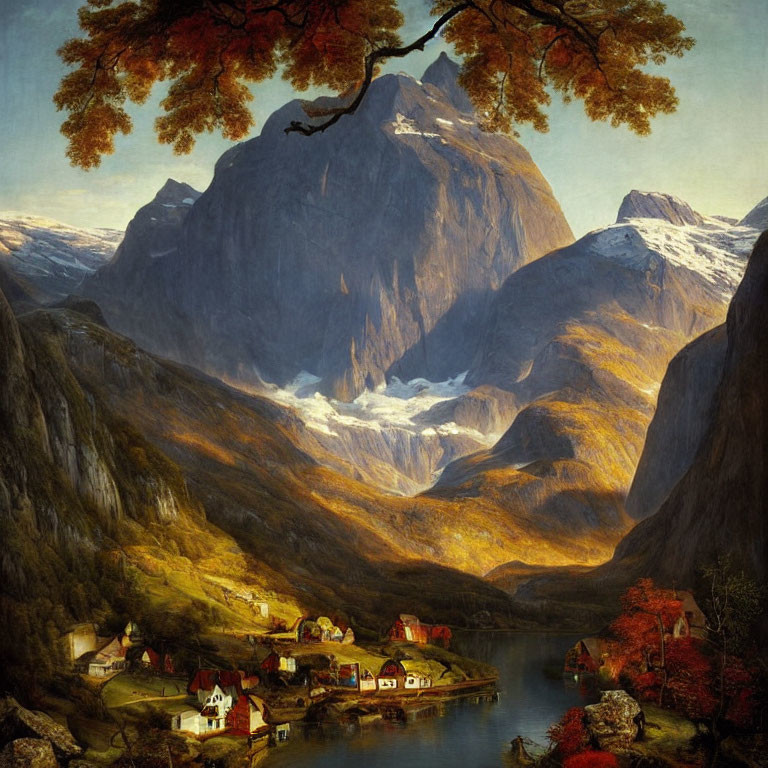 Scenic village with mountains, glacier, and autumn foliage