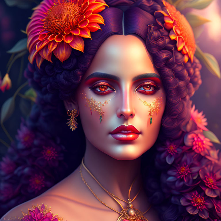 Digital illustration: Woman with floral hair decorations, colorful makeup, and jeweled adornments exuding mystical