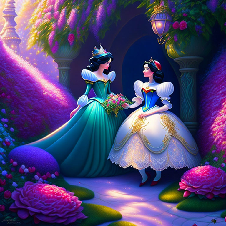 Two animated princesses in vibrant garden setting with lanterns and flowering arches.