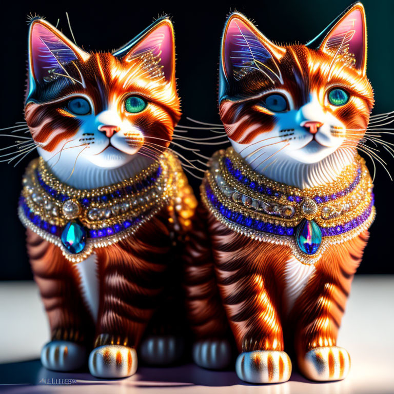 Ornately Decorated Orange-Striped Cats with Blue Eyes and Jeweled Collars on Dark