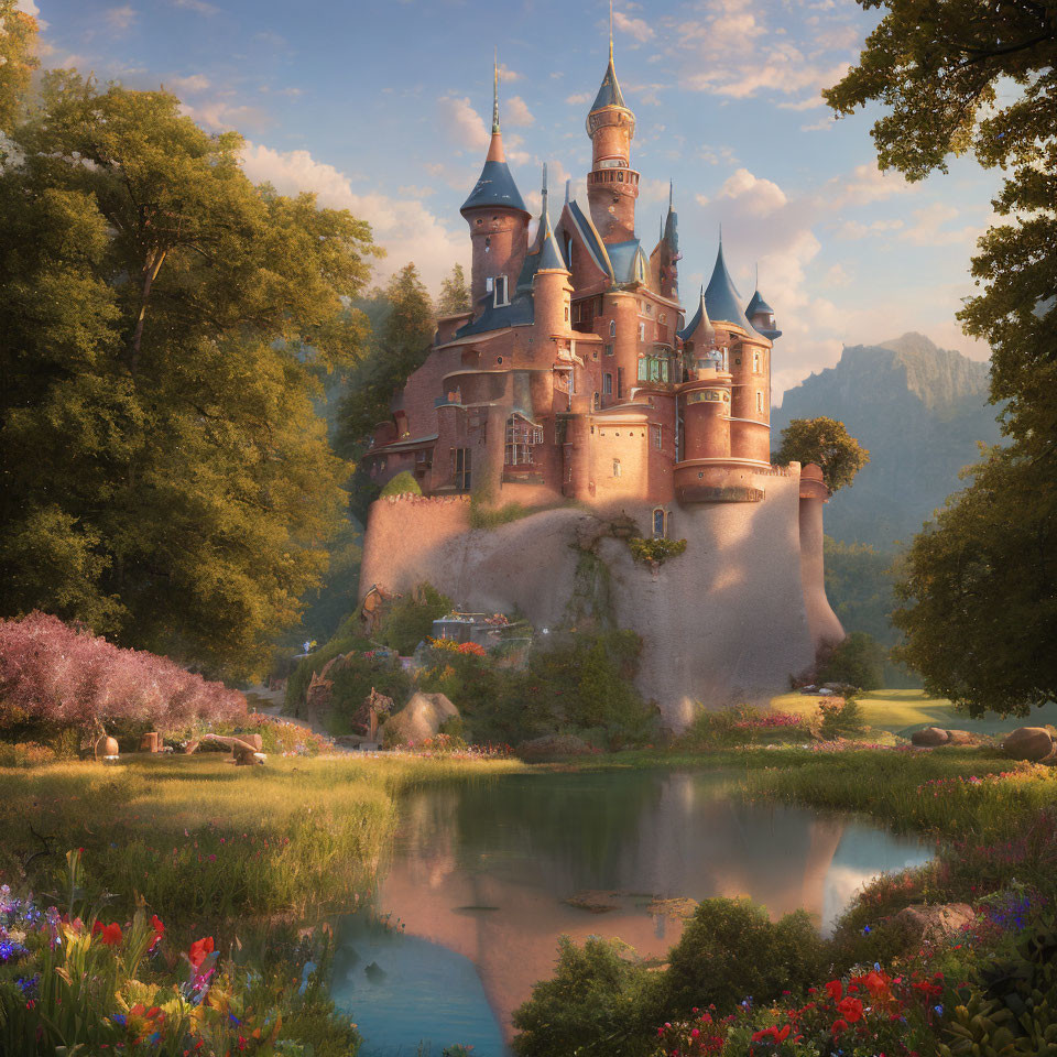 Fairy-tale castle with spires in lush setting by pond