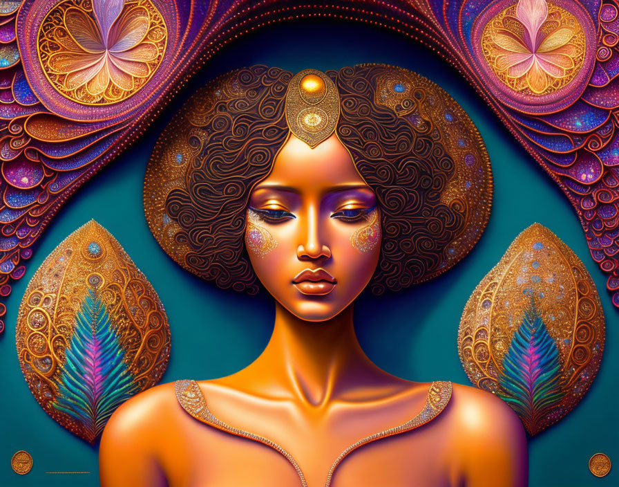 Vibrant digital art: Woman with golden skin, feathered headdress, paisley patterns on