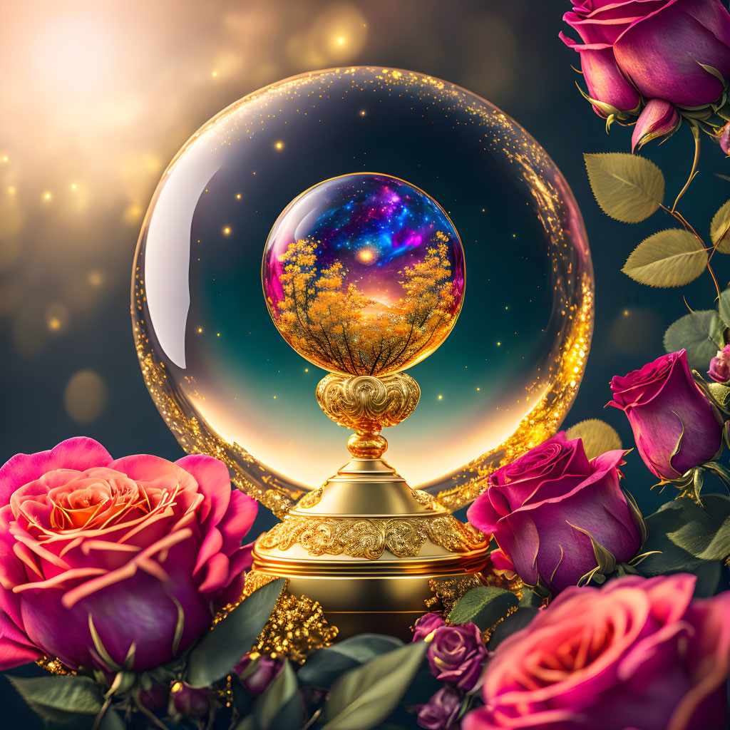 Crystal Ball on Ornate Stand with Pink Roses and Cosmic Landscape