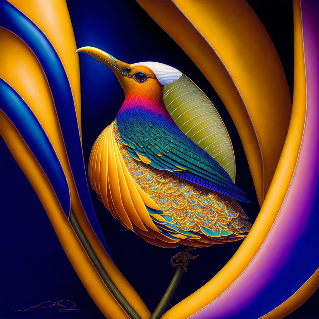 Colorful Stylized Bird Artwork with Intricate Feathers on Dark Blue Background