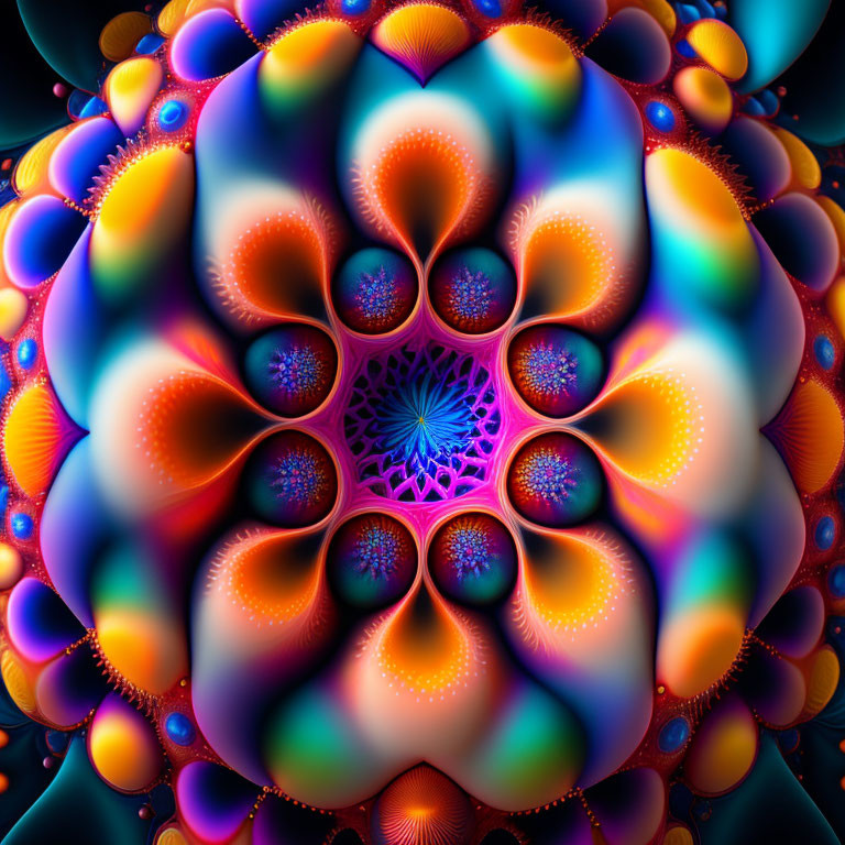 Colorful Symmetrical Fractal Image with Radiating Petal-Shaped Patterns