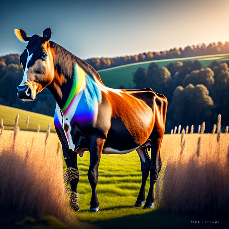 Colorful cow in golden field at sunset with rolling hills