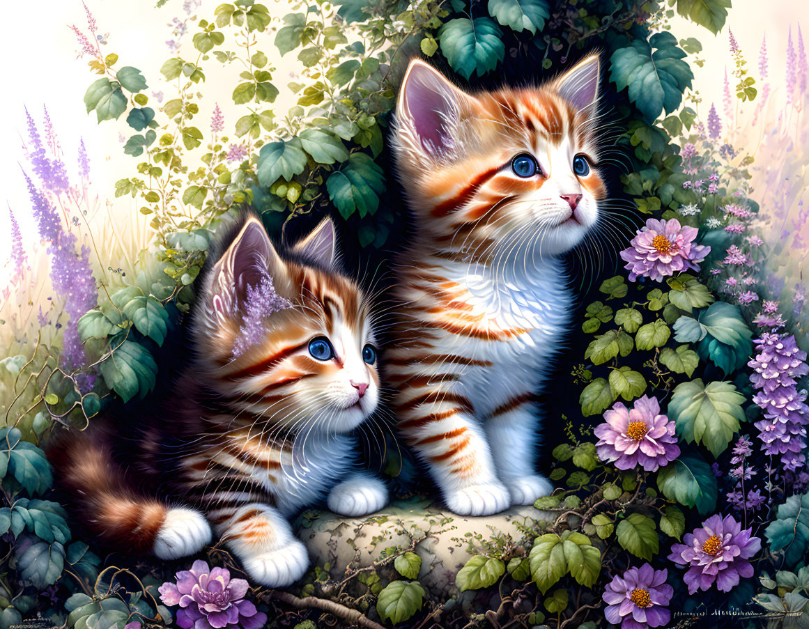 Fluffy kittens with blue eyes in colorful garden setting