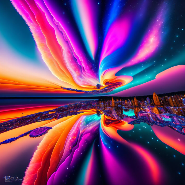 Colorful Psychedelic Swirl Artwork with Mirrored Landscape and Starry Sky