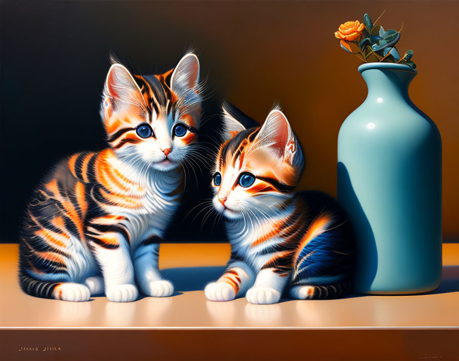 Two Striped Kittens Next to Blue Vase with Orange Flowers in Soft Lighting