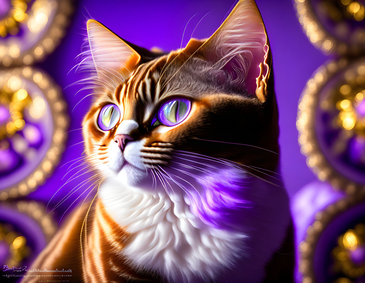 Colorful Digital Art: Orange and White Cat with Green Eyes on Purple Background