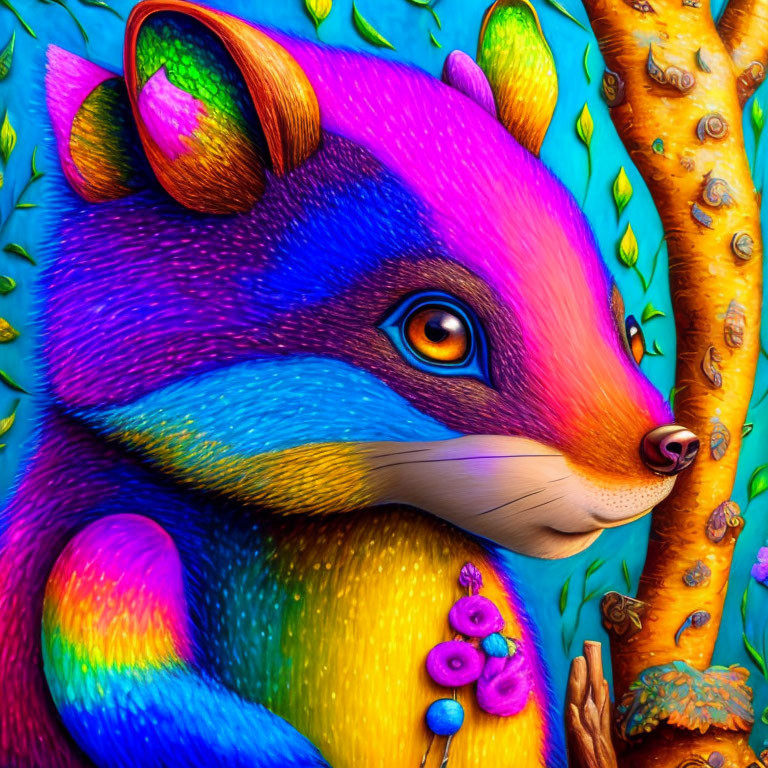 Colorful anthropomorphized fox in whimsical forest illustration