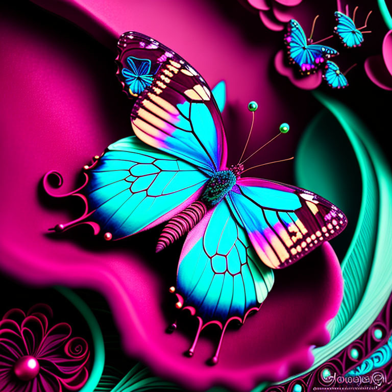 Colorful Digital Artwork: Neon-Blue Butterfly on Floral Background