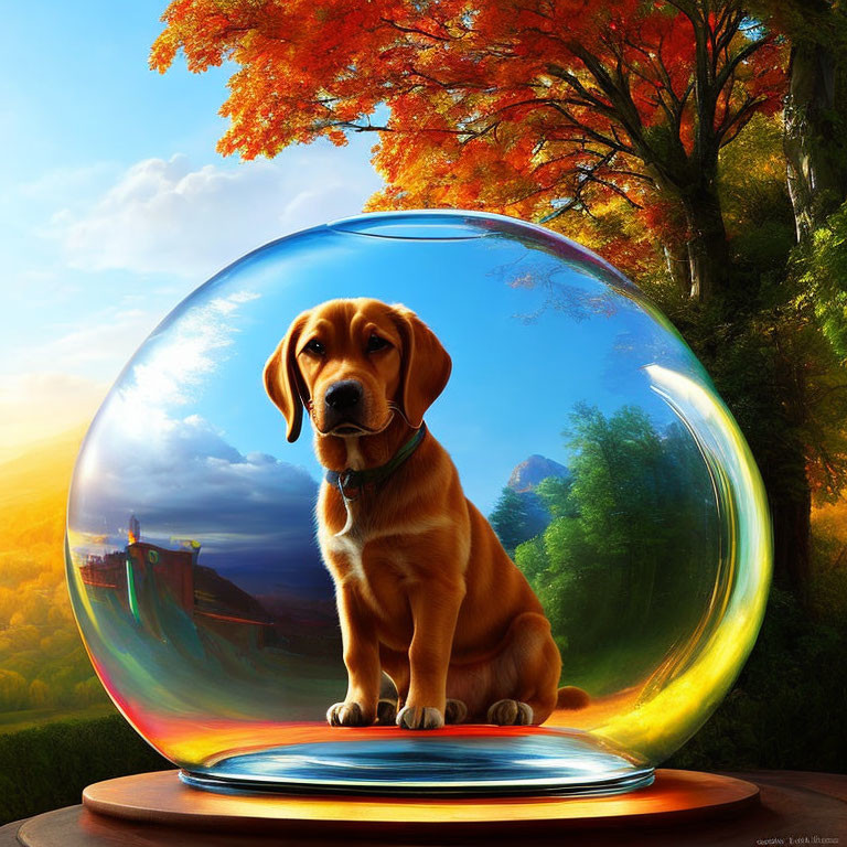 Adorable puppy in colorful landscape within transparent sphere