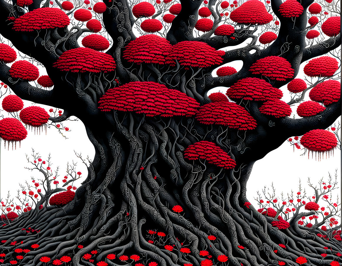 Stylized black tree with red mushroom-like leaves on white background