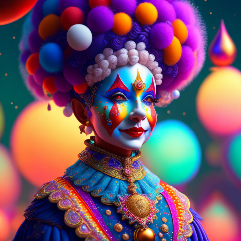 Colorful Clown with Intricate Face Paint and Festive Costume Against Balloons