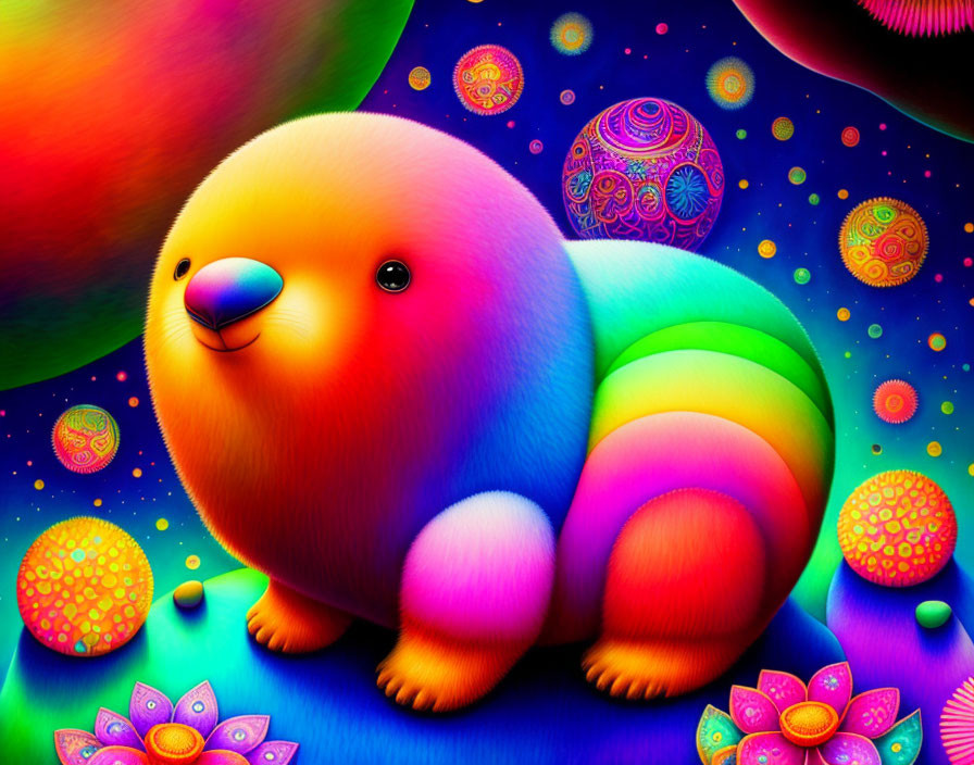 Colorful illustration: Whimsical rainbow creature in psychedelic environment