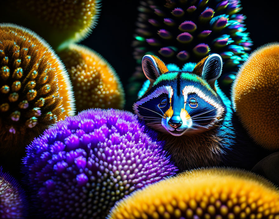 Vibrant raccoon in colorful floral setting with purple, orange, and green hues