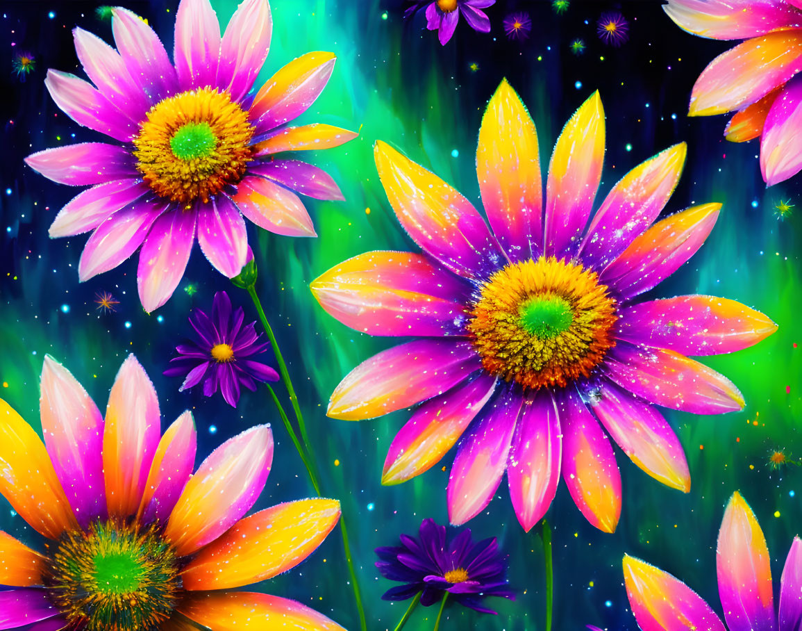 Colorful Pink and Yellow Flowers Against Cosmic Starry Background