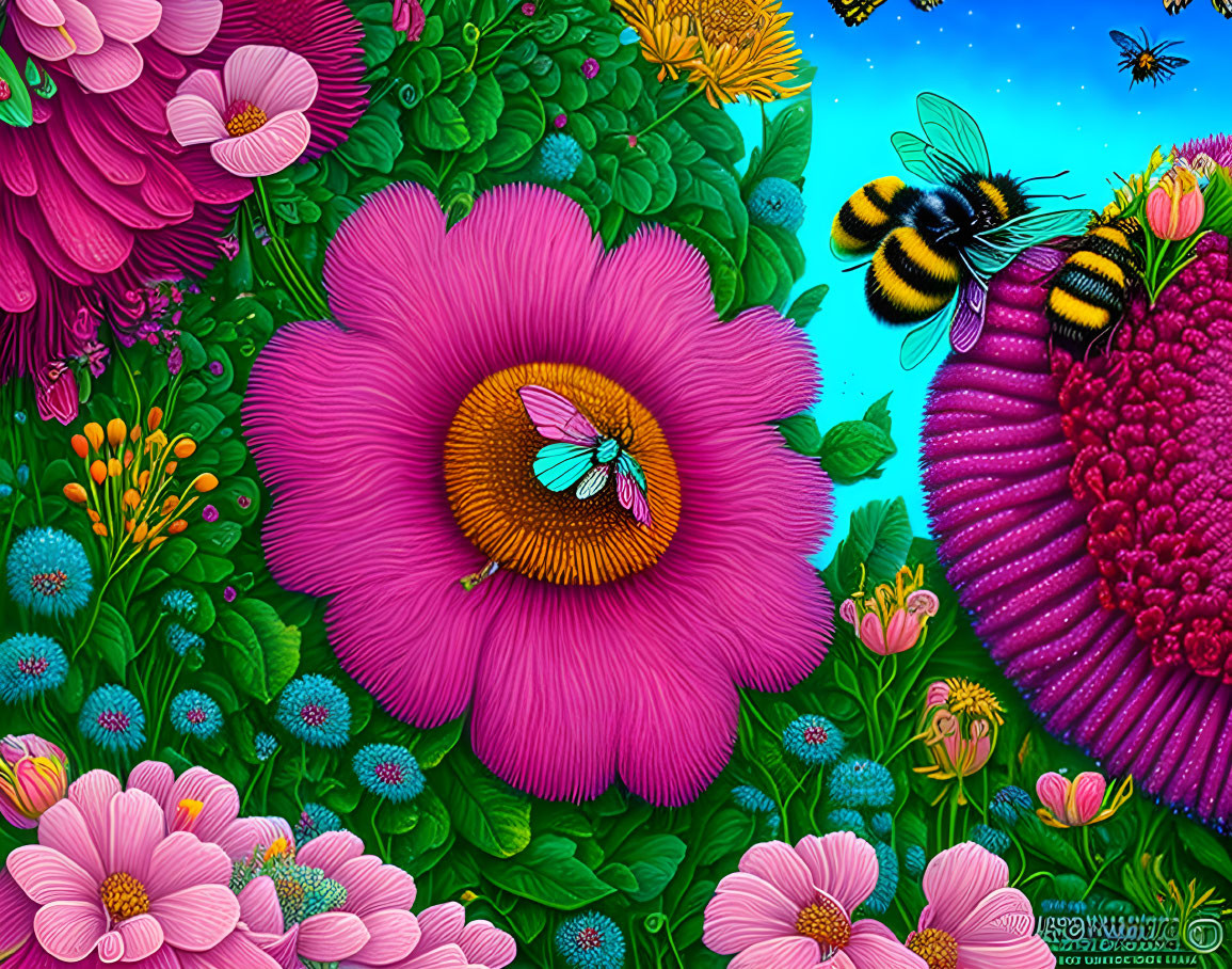 Colorful digital illustration of oversized flowers, bumblebees, and a butterfly