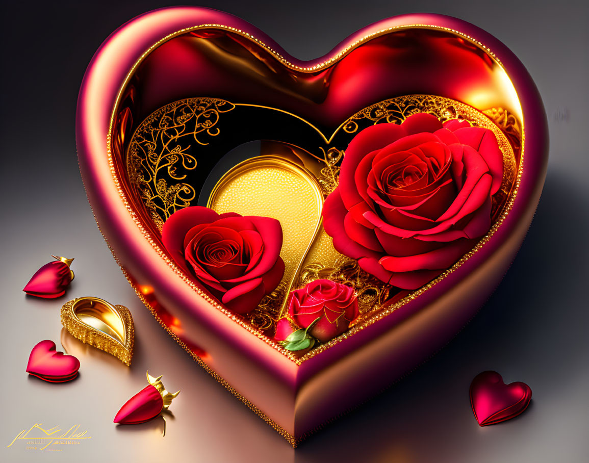 Heart-shaped box with golden details, red roses, hearts, and gold ring.