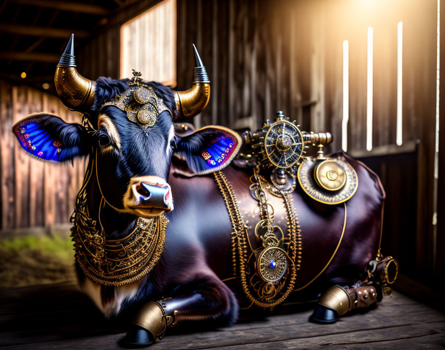 Stylized cow with mechanical parts and golden ornaments in rustic barn