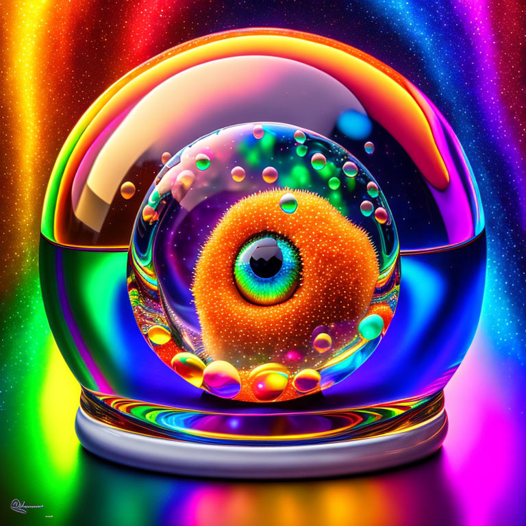 Colorful digital artwork: Eye in translucent spheres on neon rainbow backdrop