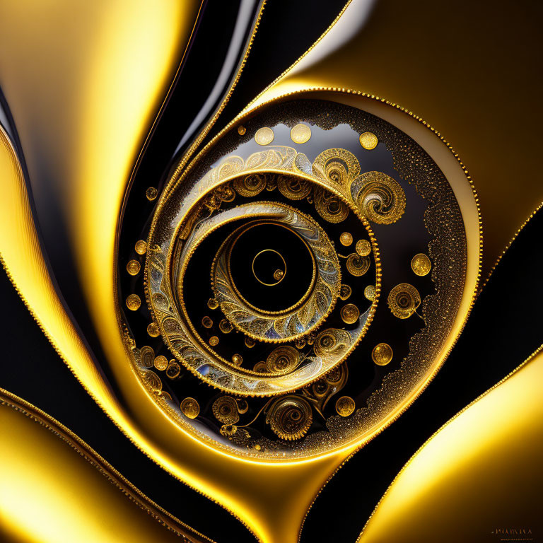 Intricate Golden Fractal Spiral on Black Background