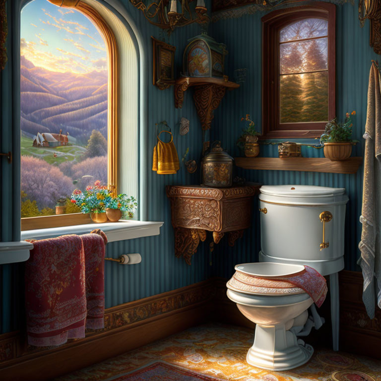 Decorative Vintage-Style Bathroom with Mountain View