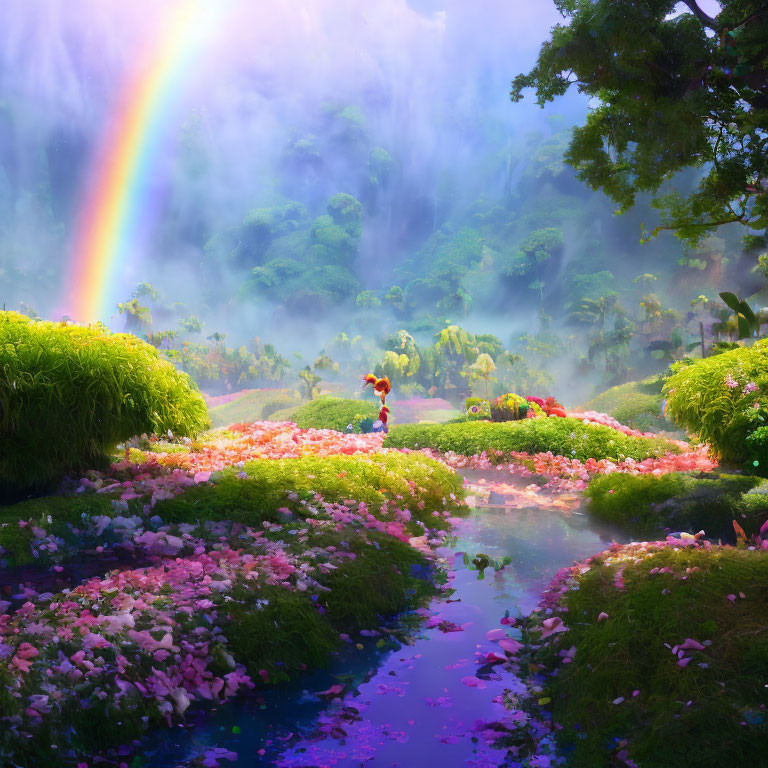 Colorful Garden Scene with Rainbow, Flowers, Stream, and Forest Background