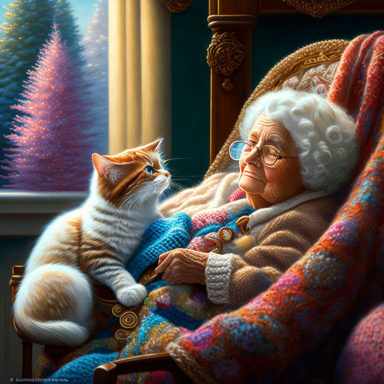 Elderly woman with glasses and knitted shawl admires ginger cat by snowy window