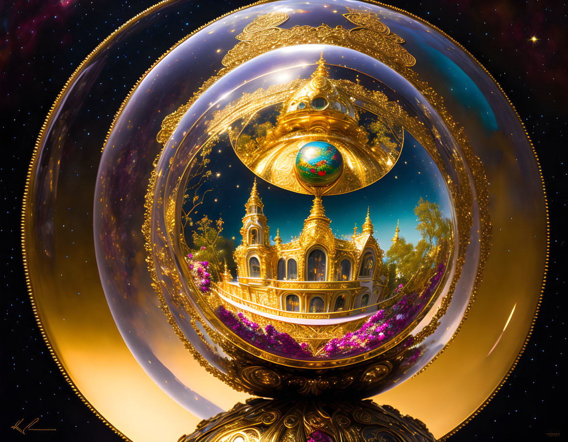 Ornate golden palace in transparent sphere under starry sky