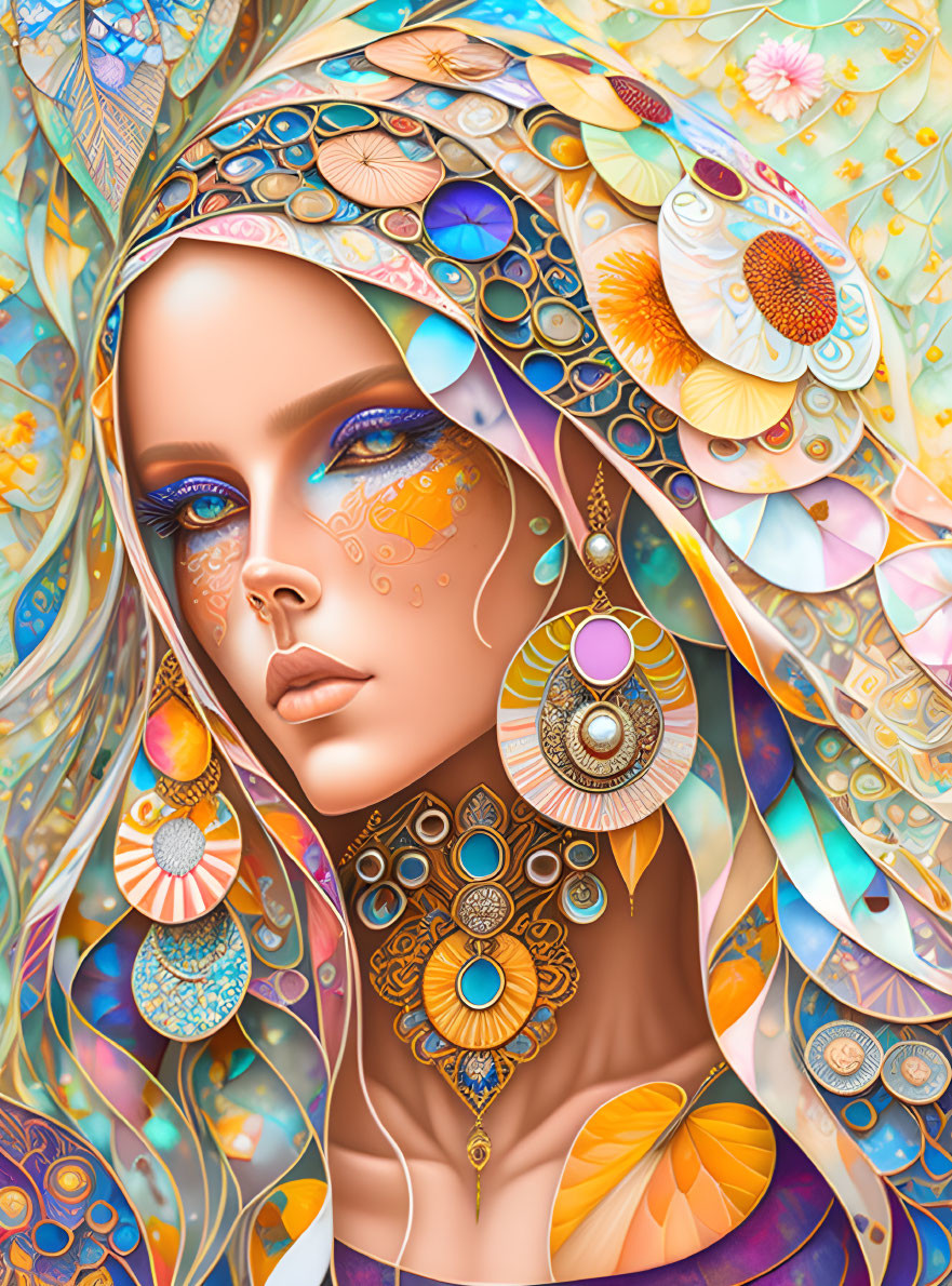 Detailed illustration of woman with intricate jewelry and colorful headscarf