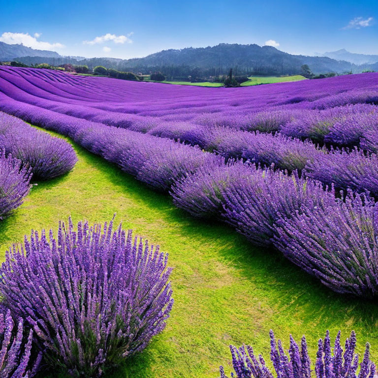 Vibrant purple lavender fields under clear blue sky