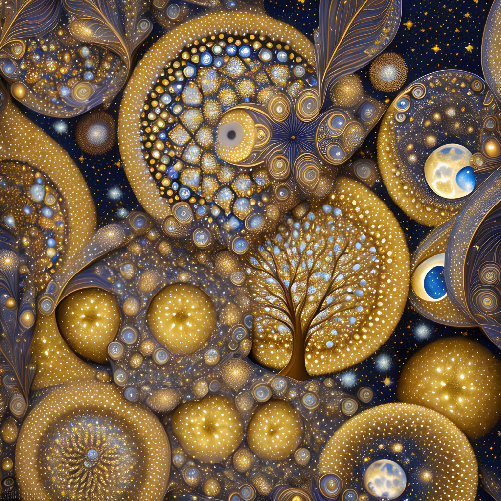 Golden tree with celestial patterns and yin-yang symbol in digital art