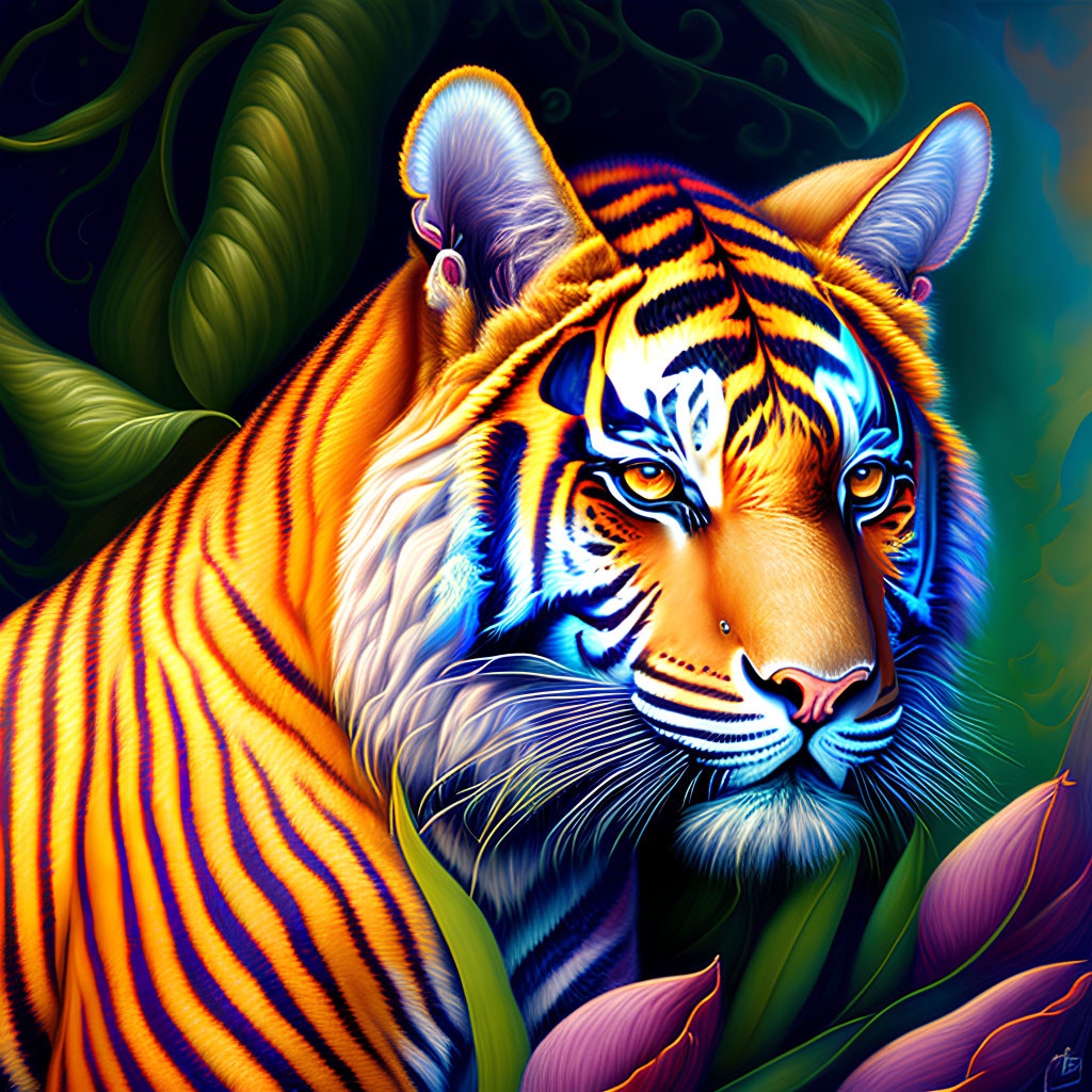 Colorful Tiger Artwork with Orange, Black, and Blue Stripes