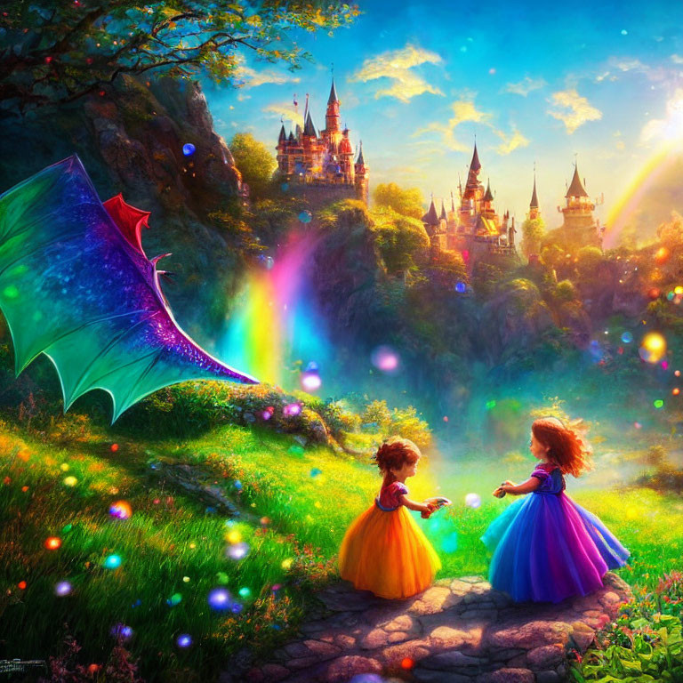 Two girls in princess dresses in magical forest with castle and dragon tail.