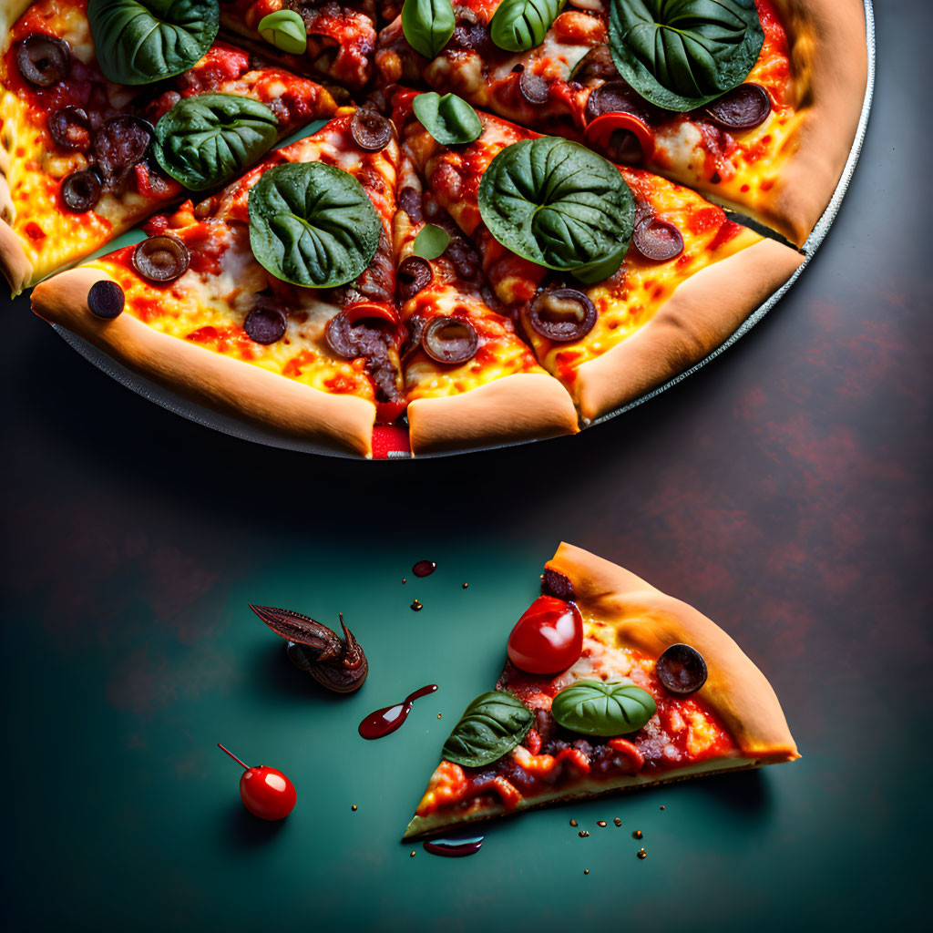 Pepperoni pizza slice with melted cheese, basil leaves, cherry tomato, and spices on dark background